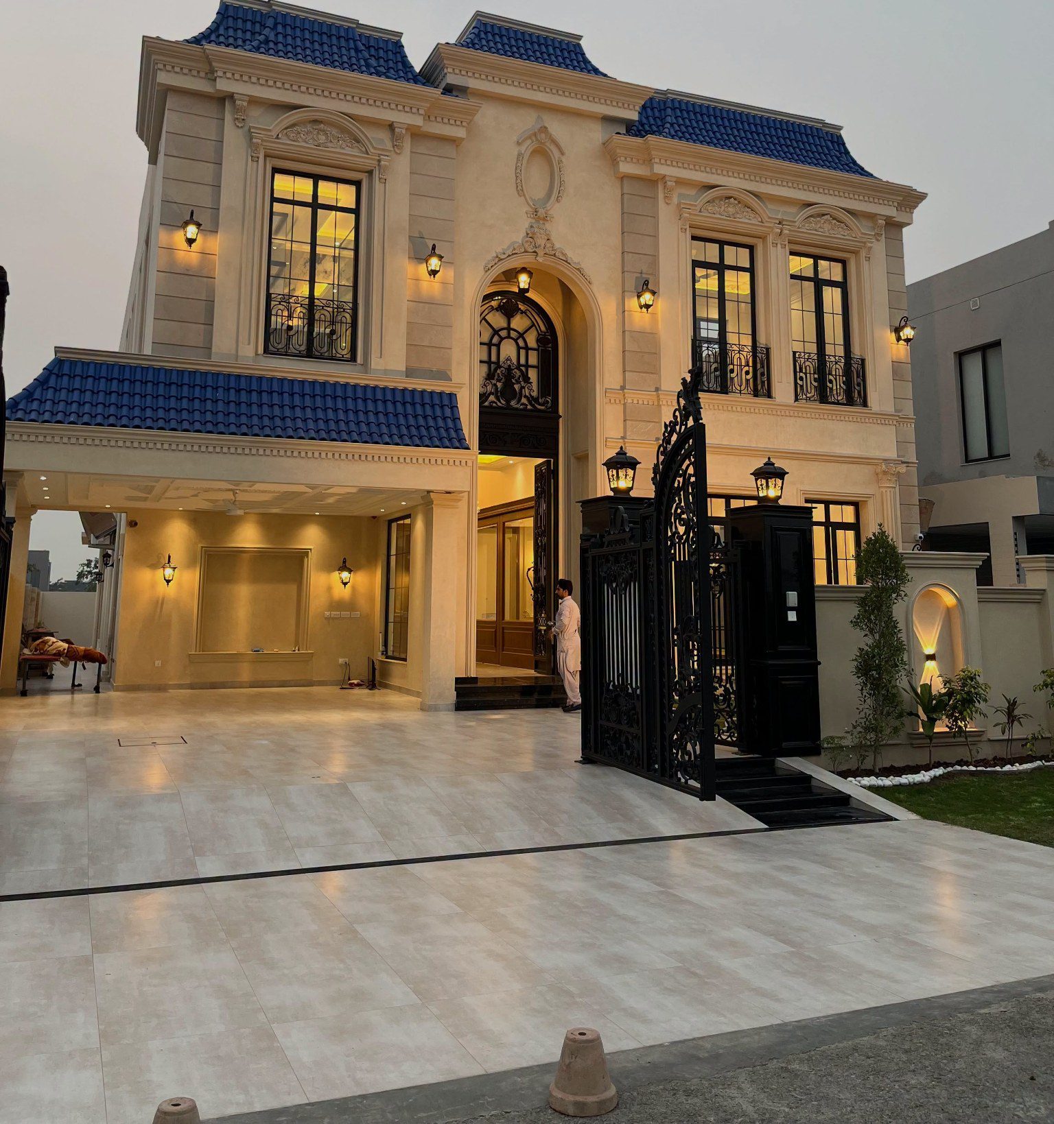 1 Kanal brand new Spanish house for sale in DHA Phase 7 Block Y Lahore - Spanish style front elevation with blue roof tiles